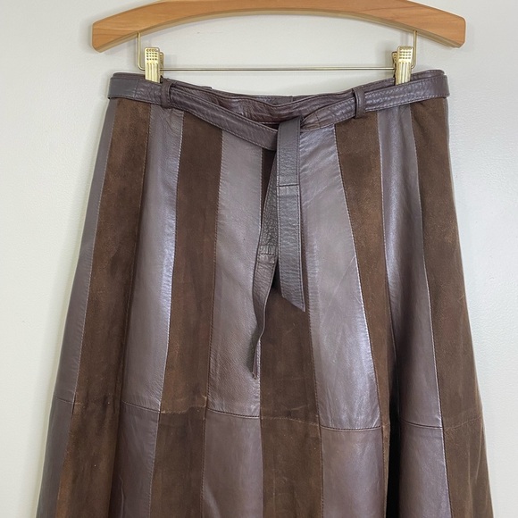 VINTAGE LEATHER SUEDE STRIPED ALINE SKIRT WITH MATCHING LEATHER TIE, ZIGZAG HEM - Picture 7 of 14